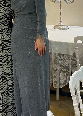Gri Uzun Kollu Kadın Abiye Elbise