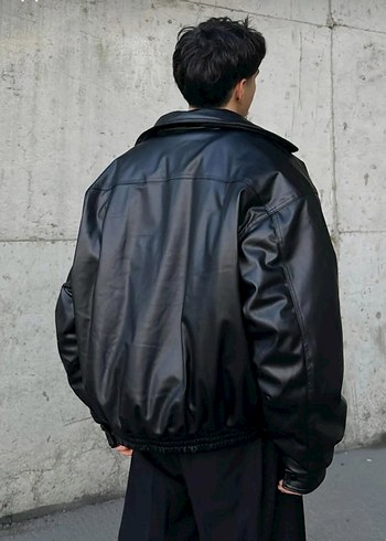 l Beden Siyah Deri Oversize Erkek Ceket