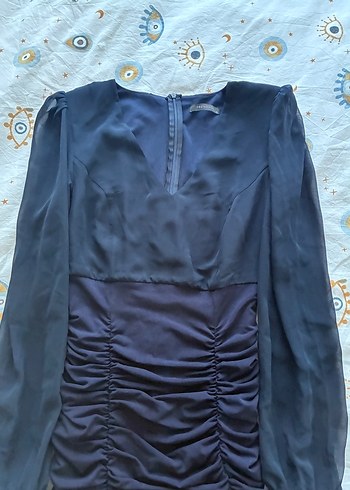 Lacivert Drapeli Uzun Kollu V Yakalı Elbise - Görsel 3