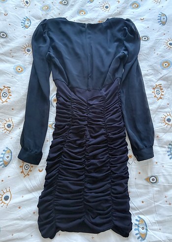 Lacivert Drapeli Uzun Kollu V Yakalı Elbise - Görsel 10