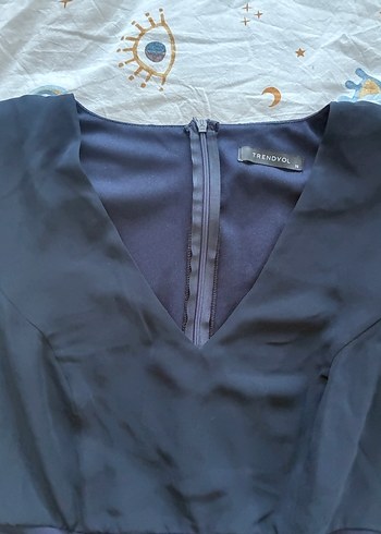 Lacivert Drapeli Uzun Kollu V Yakalı Elbise - Görsel 8