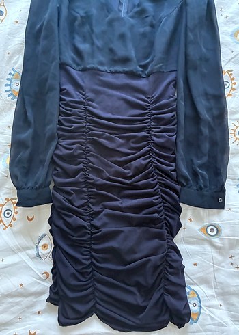 Lacivert Drapeli Uzun Kollu V Yakalı Elbise - Görsel 2