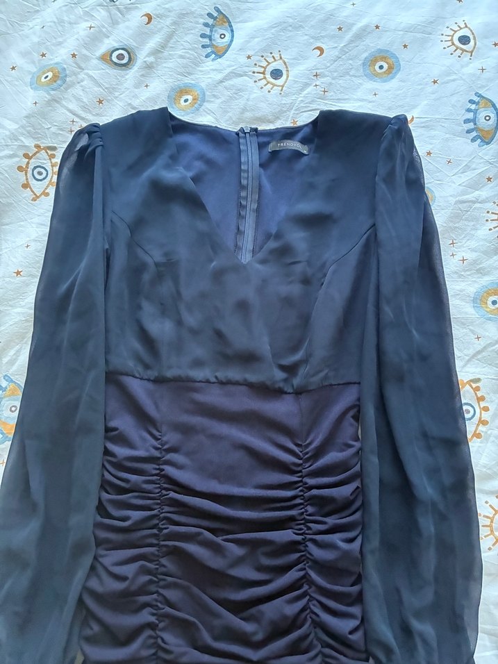 Lacivert Drapeli Uzun Kollu V Yakalı Elbise - Görsel 3