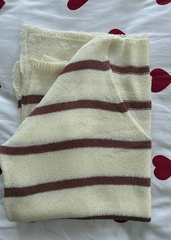 V Yaka Bej Çizgili Örgü Kadın Kazak - Görsel 5