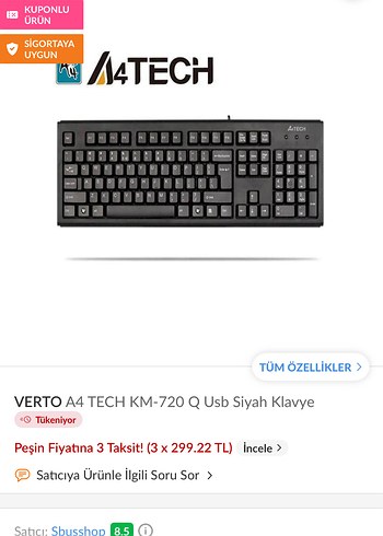 A4TECH KM-720 Q Siyah USB Klavye