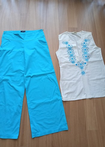 Mavi Nakışlı Bluz ve Pantolon 125 TL