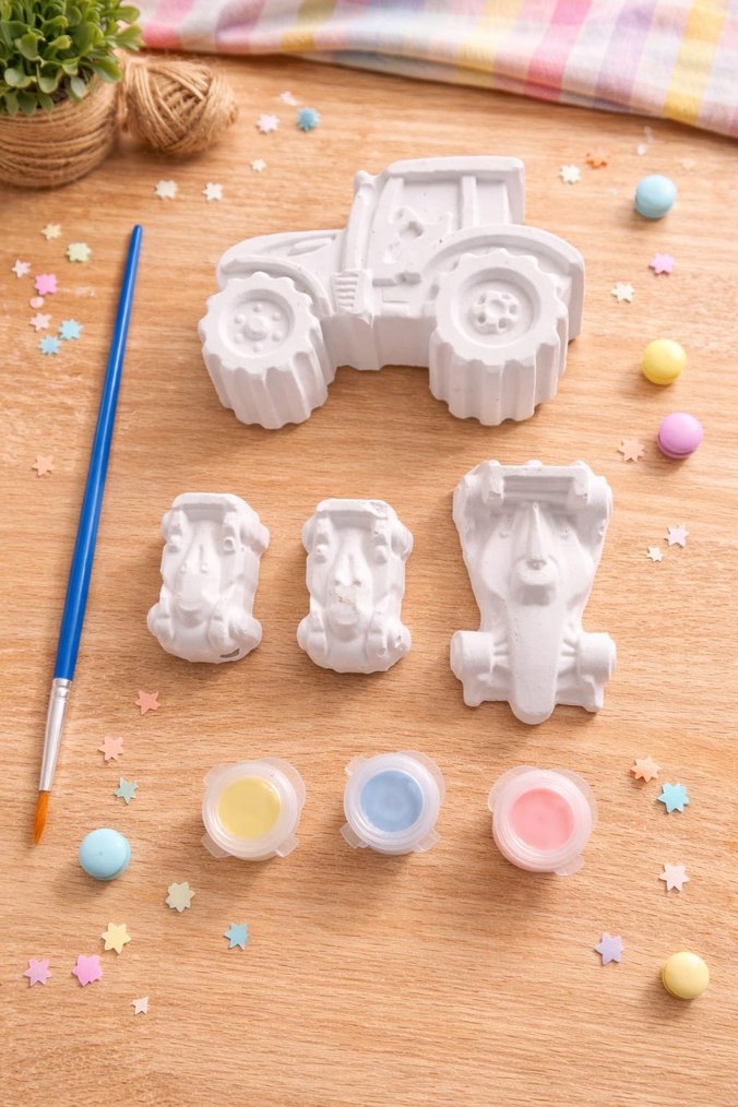 Beyaz Traktör ve Hayvan Figürlü Boyanabilir Oyuncak Seti - Görsel 2