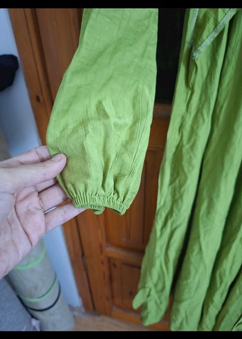 Yeşil Uzun Keten Elbise - Görsel 3