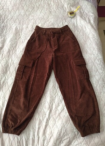Koton Kadın Koyu Kahverengi Paçası Lastikli Kadife Pantolon - Görsel 12