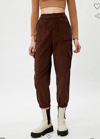 Koton Kadın Koyu Kahverengi Paçası Lastikli Kadife Pantolon - Görsel 3