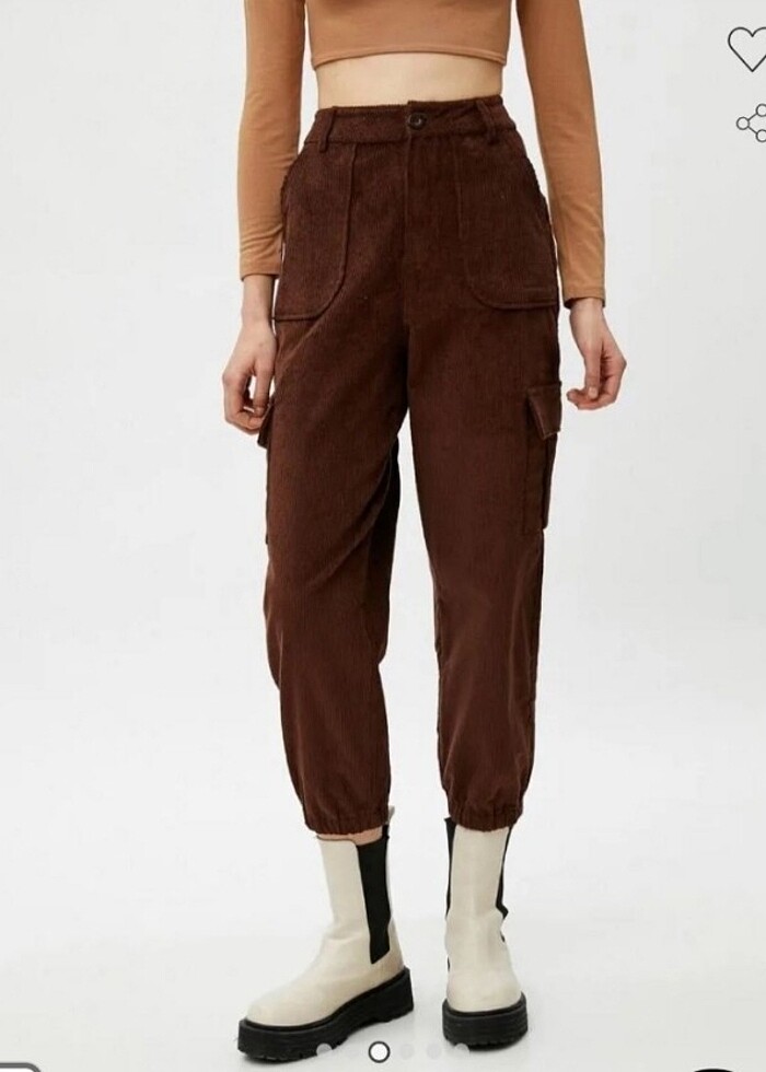 Koton Kadın Koyu Kahverengi Paçası Lastikli Kadife Pantolon - Görsel 3
