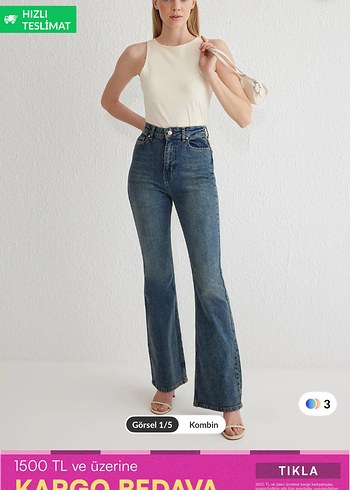 Trendyolmilla Koyu mavi yüksek bel flare jeans