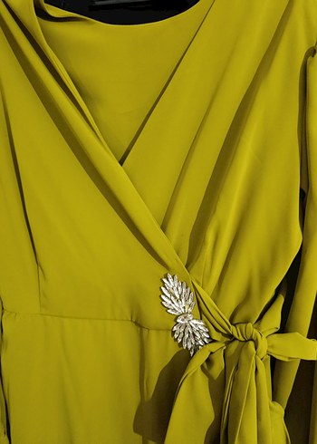 Uzun Kollu Drapeli Yeşil Abiye Elbise - Görsel 2