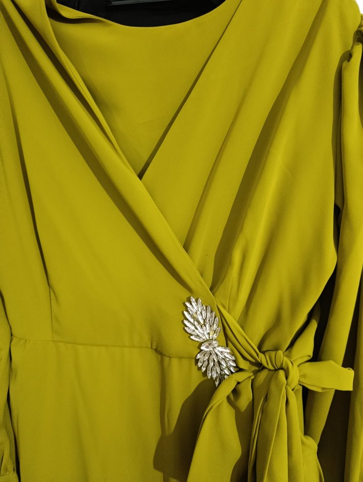 Uzun Kollu Drapeli Yeşil Abiye Elbise - Görsel 2