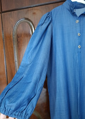 Uzun Kollu Mavi Denim Bohem Elbise - Görsel 5