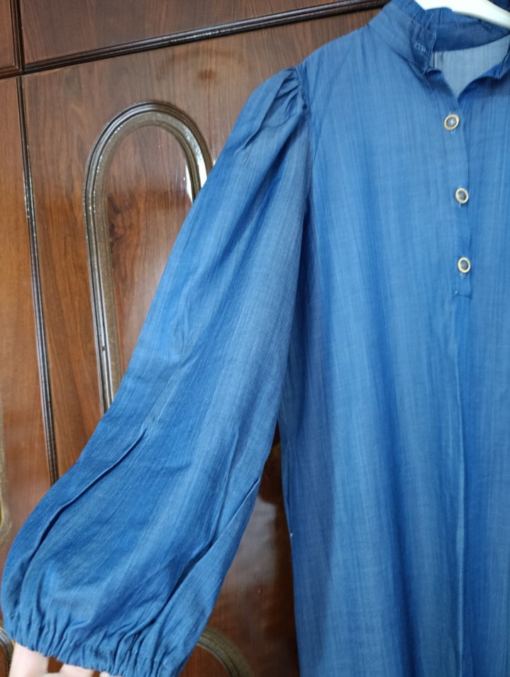 Uzun Kollu Mavi Denim Bohem Elbise - Görsel 5