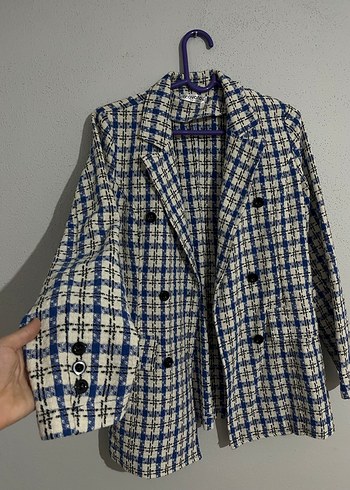 Mavi Ekose Düğmeli Kadın Blazer Ceket