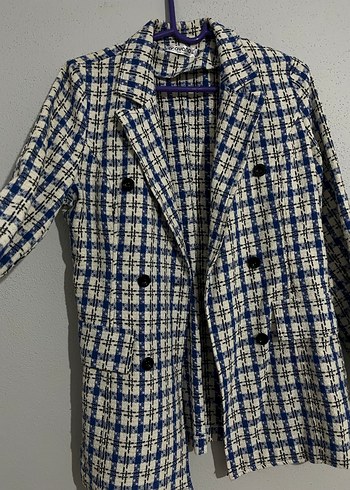 40 Beden Mavi Ekose Düğmeli Kadın Blazer Ceket