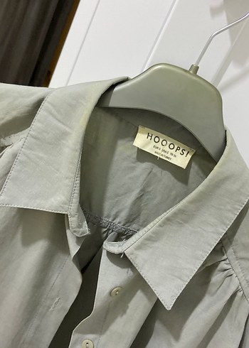 Gri Keten Kadın Gömlek, Düğmeli, Uzun Kollu - Görsel 4