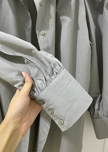 Gri Keten Kadın Gömlek, Düğmeli, Uzun Kollu - Görsel 3