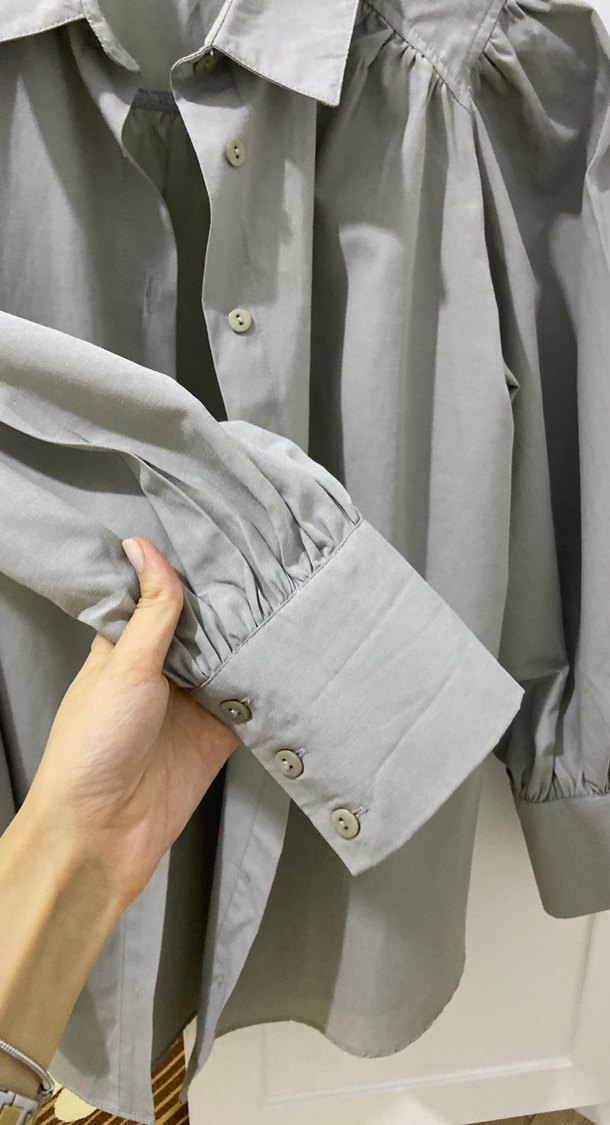 Gri Keten Kadın Gömlek, Düğmeli, Uzun Kollu - Görsel 3