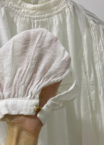 Beyaz Keten Piliseli Uzun Kollu Kadın Gömlek - Görsel 5