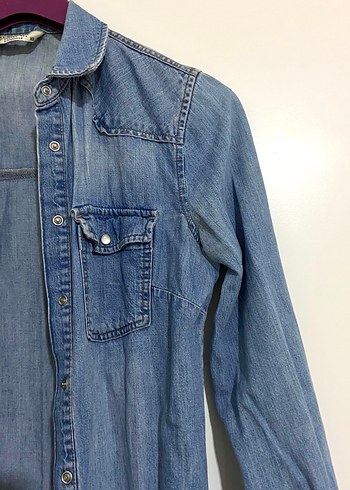 xs Beden Çıtçıtlı Mavi Denim Kadın Gömlek