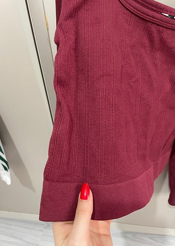 Bordo Uzun Kollu Crop Top - Görsel 2