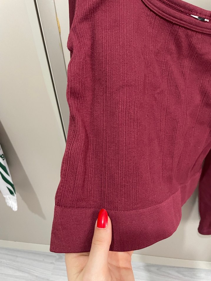 Bordo Uzun Kollu Crop Top - Görsel 2