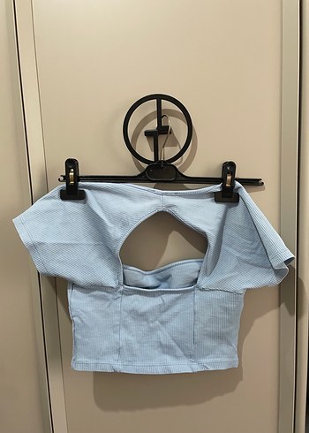 Mavi Straplez Kısa Kollu Crop Top - Görsel 2