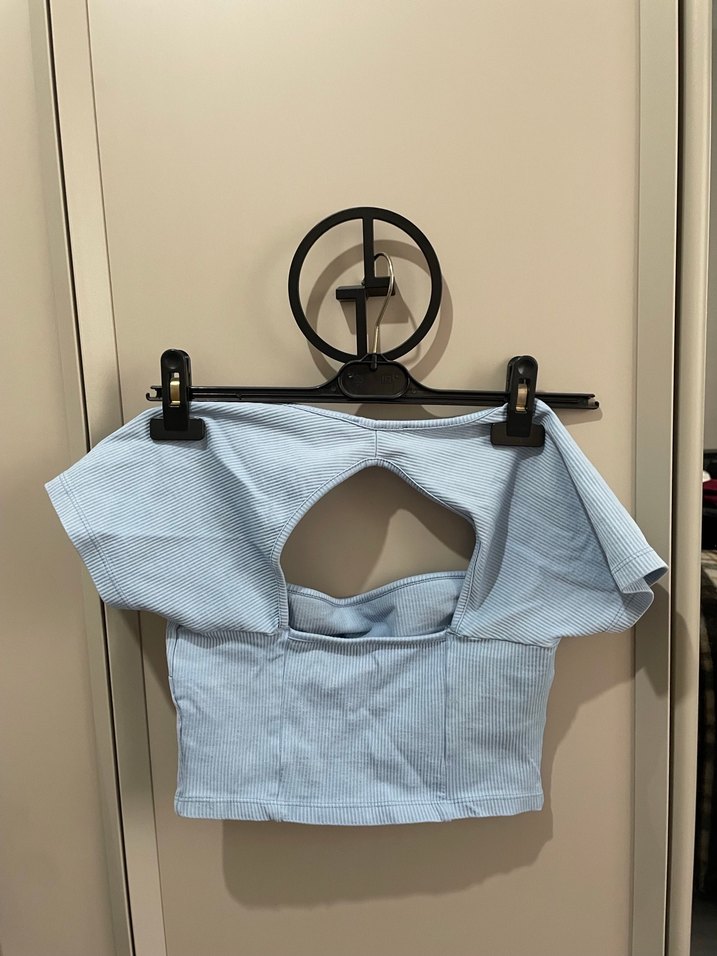 Mavi Straplez Kısa Kollu Crop Top - Görsel 2