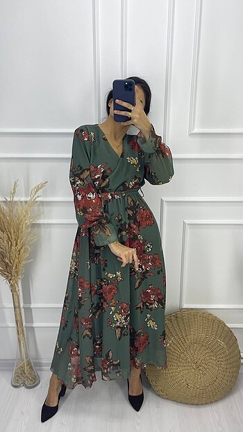 48 Beden Yeşil Çiçek Desenli Uzun Şifon Elbise Beden : L XL 2XL 3XL 4XL 