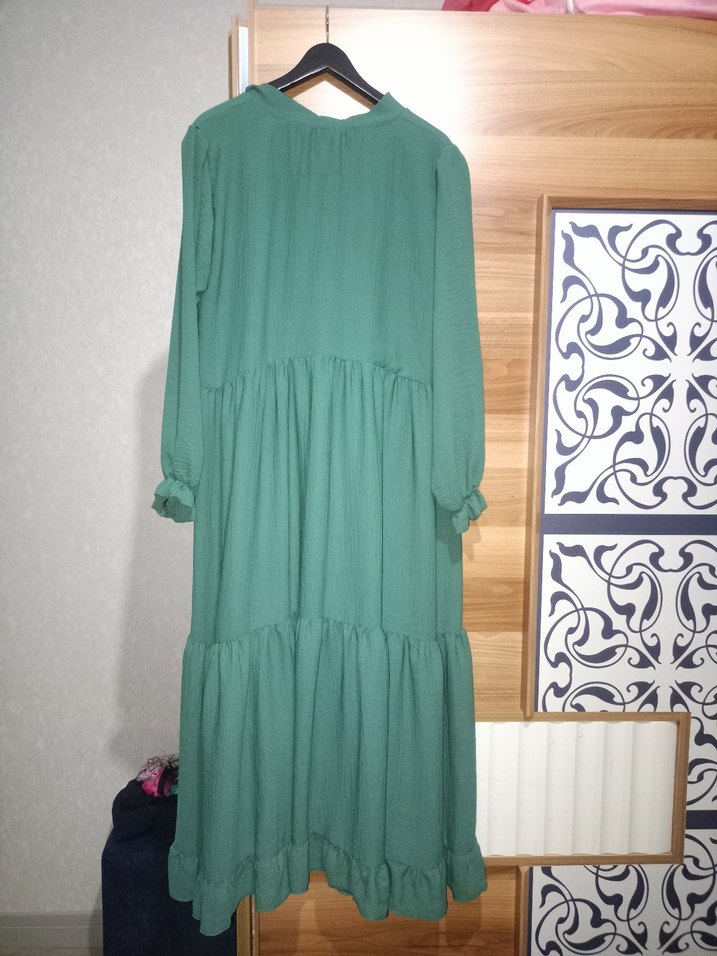 Yeşil Kadın Uzun Pilili Keten Elbise - Görsel 2