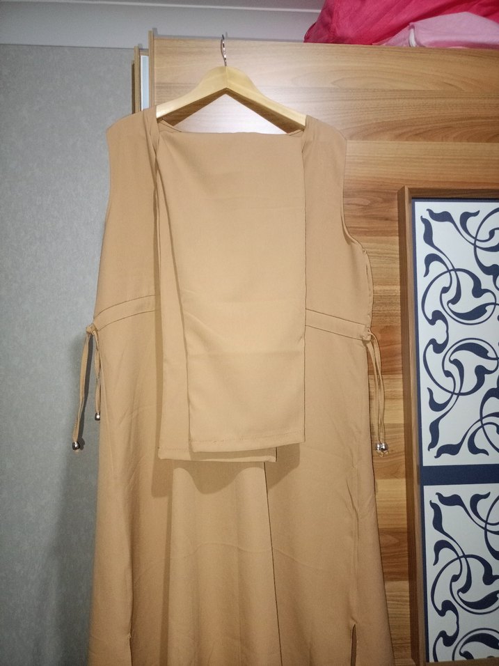 açık kahverengi V Yakalı  tunik takımı 2 parça - Görsel 3