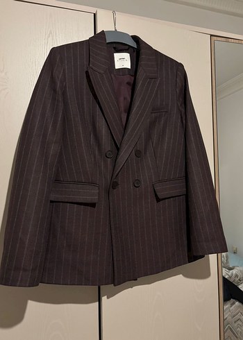 38 Beden kahverengi Renk Bordo Çizgili Kadın Blazer Ceket
