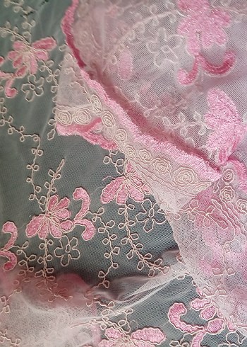 Pembe Nakışlı Fransız tül nakışlı brode kumaş - Görsel 6