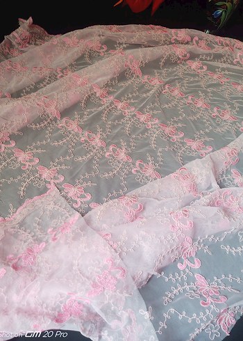 Pembe Nakışlı Fransız tül nakışlı brode kumaş - Görsel 9