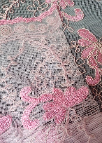 Pembe Nakışlı Fransız tül nakışlı brode kumaş - Görsel 5