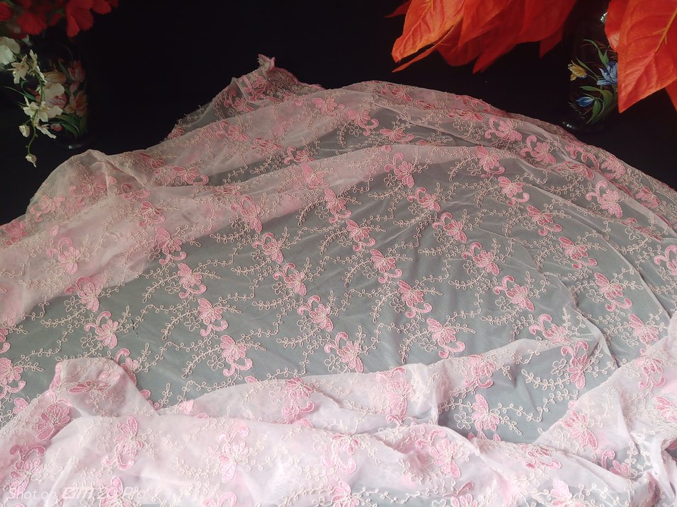 Pembe Nakışlı Fransız tül nakışlı brode kumaş - Görsel 2