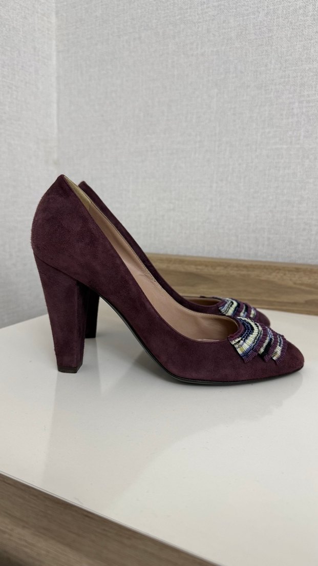 Bordo Süet Pileli Yüksek Topuklu Stiletto - Görsel 2