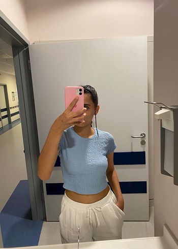 Mavi Denim Crop Top, Kısa Kollu, Yüksek Yaka