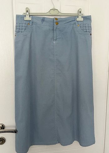 Düğmeli Mavi Denim Midi Etek