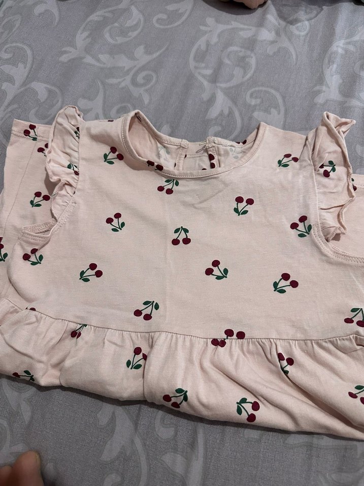 Kız Çocuk Beyaz Kiraz Desenli Pamuk Elbise - Görsel 4