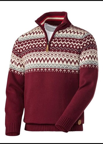 Bordo Etnik Desenli Erkek Yün Kazak - Görsel 3