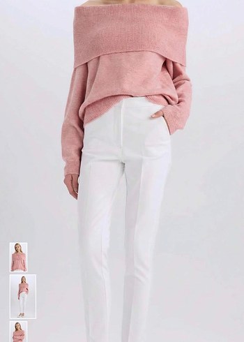 Pembe Triko Kayık Madonna Yaka Kadın Kazak - Görsel 3