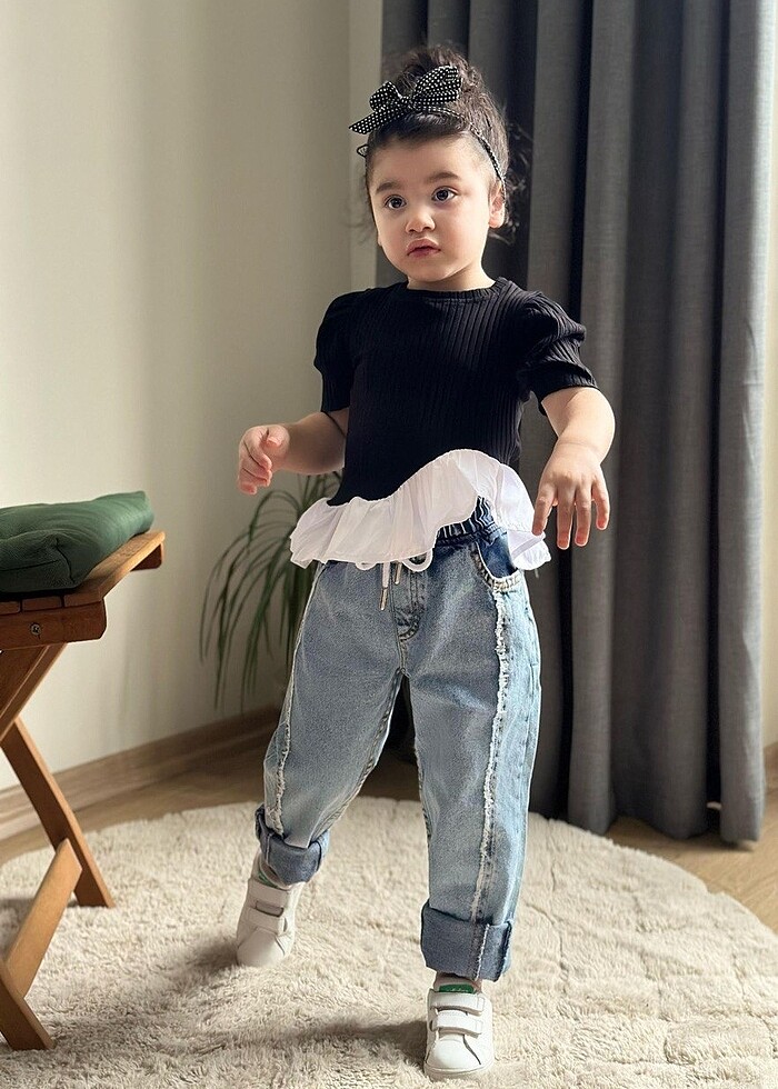 ŞERİTLİ KOT 2 Lİ KIZ TAKIM - Görsel 2