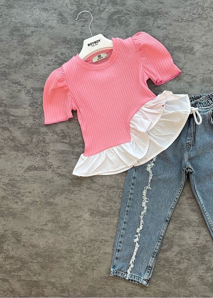 ŞERİTLİ KOT 2 Lİ KIZ TAKIM - Görsel 3