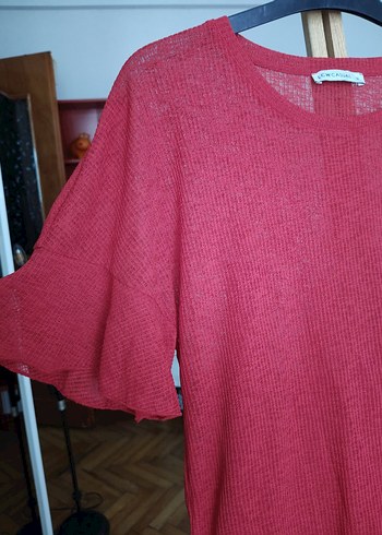 Kırmızı Keten Örme Kadın Bluz - Görsel 3