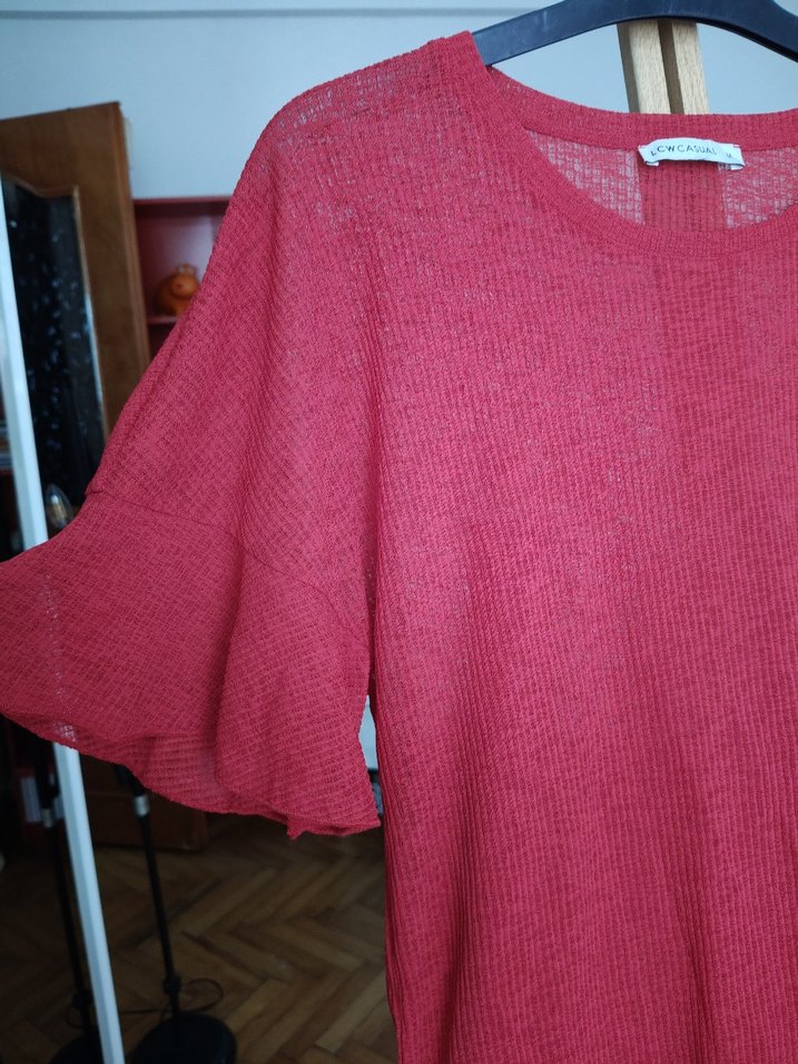 Kırmızı Keten Örme Kadın Bluz - Görsel 3