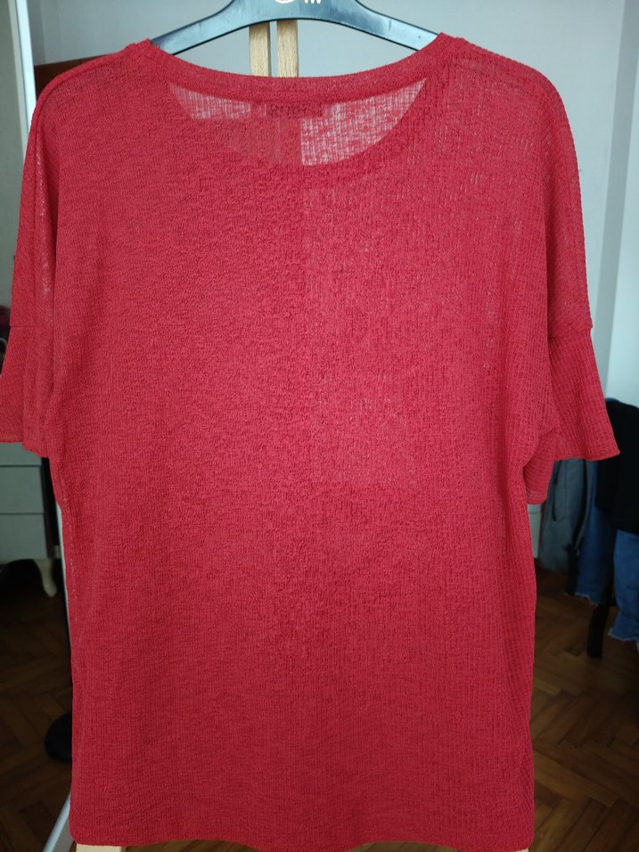 Kırmızı Keten Örme Kadın Bluz - Görsel 4